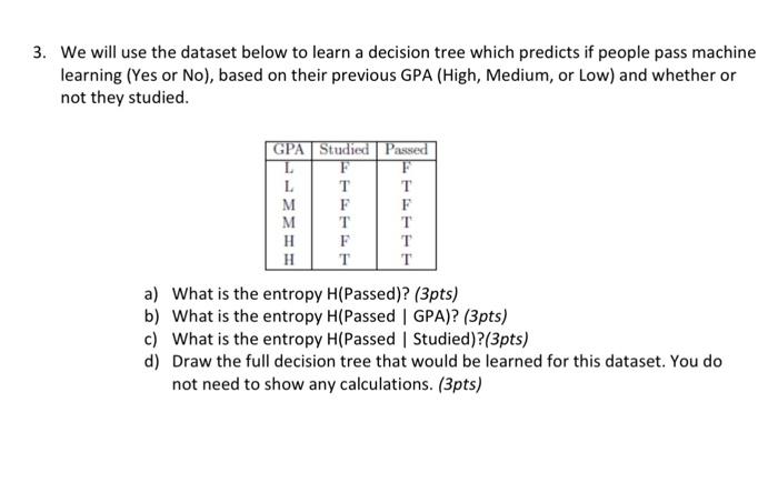 Solved We will use the dataset below to learn a decision | Chegg.com