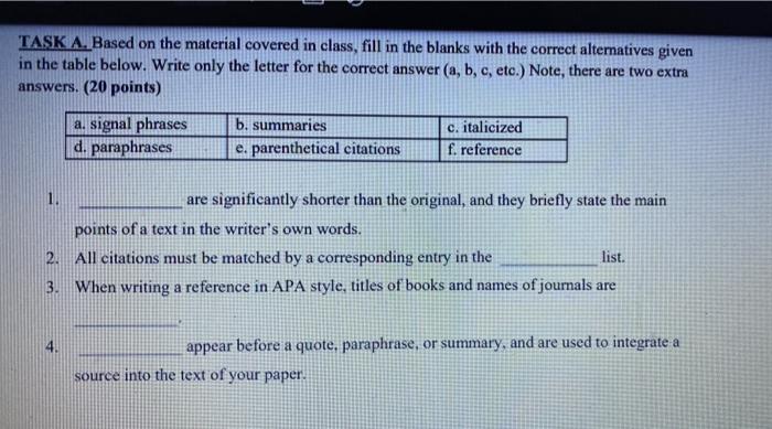 Solved TASK A. Based on the material covered in class, fill 