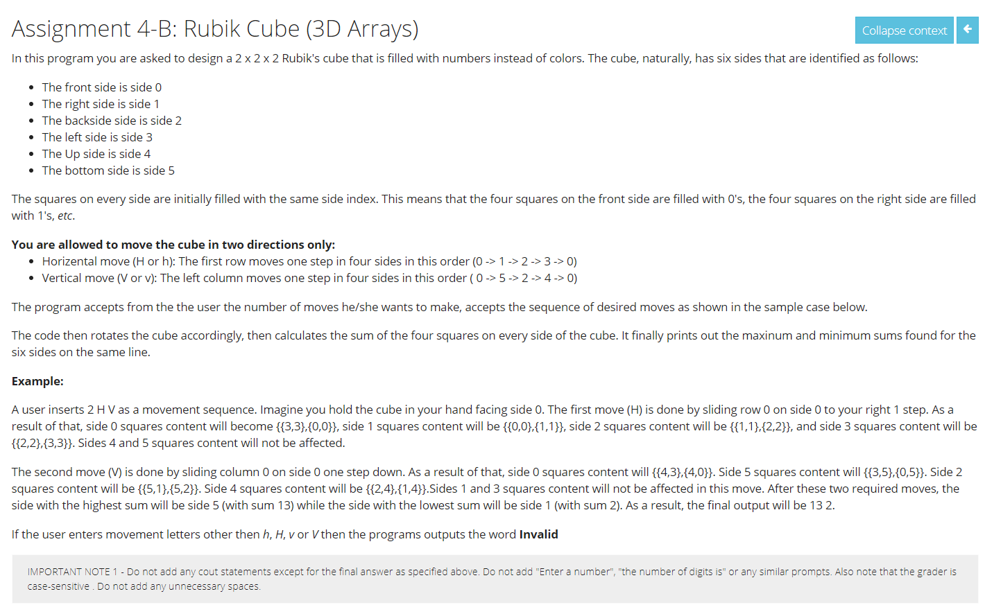 Solved Assignment 4-B: Rubik Cube (3D Arrays) Collapse | Chegg.com
