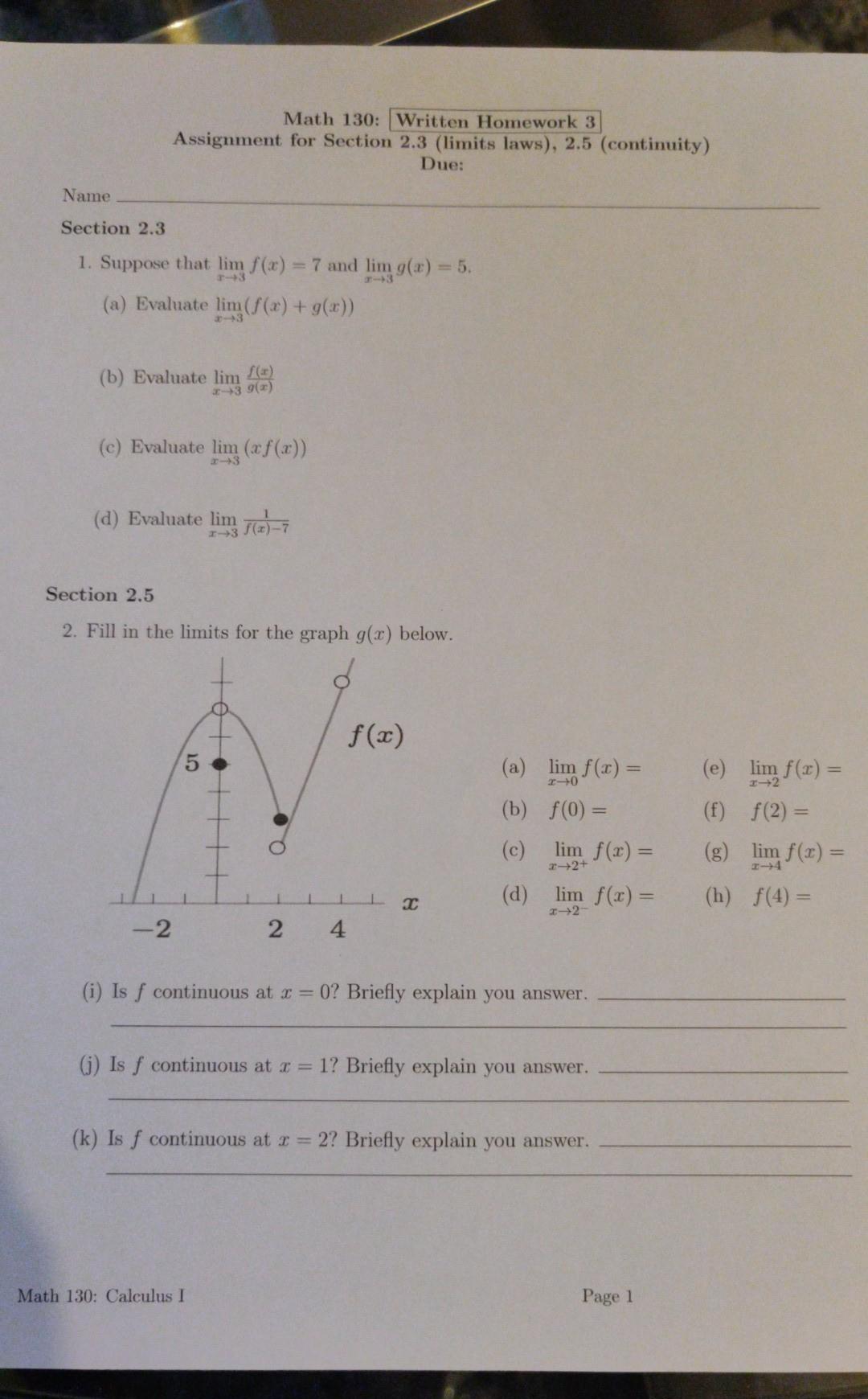 Solved Math 130: Written Homework 3 Assignment for Section | Chegg.com