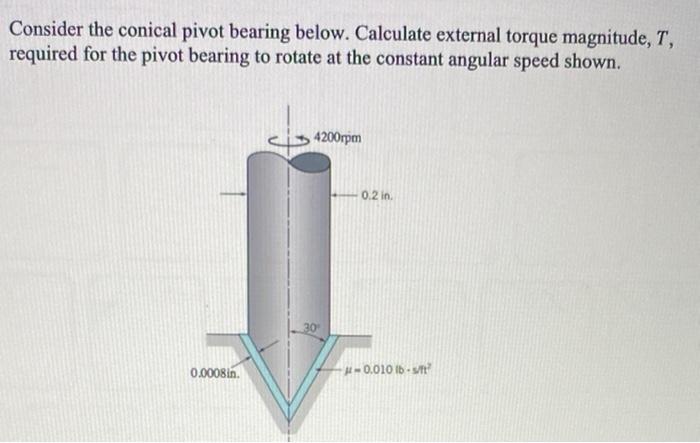 Consider the conical pivot bearing below. Calculate external torque magnitude, \( T \), required for the pivot bearing to rot