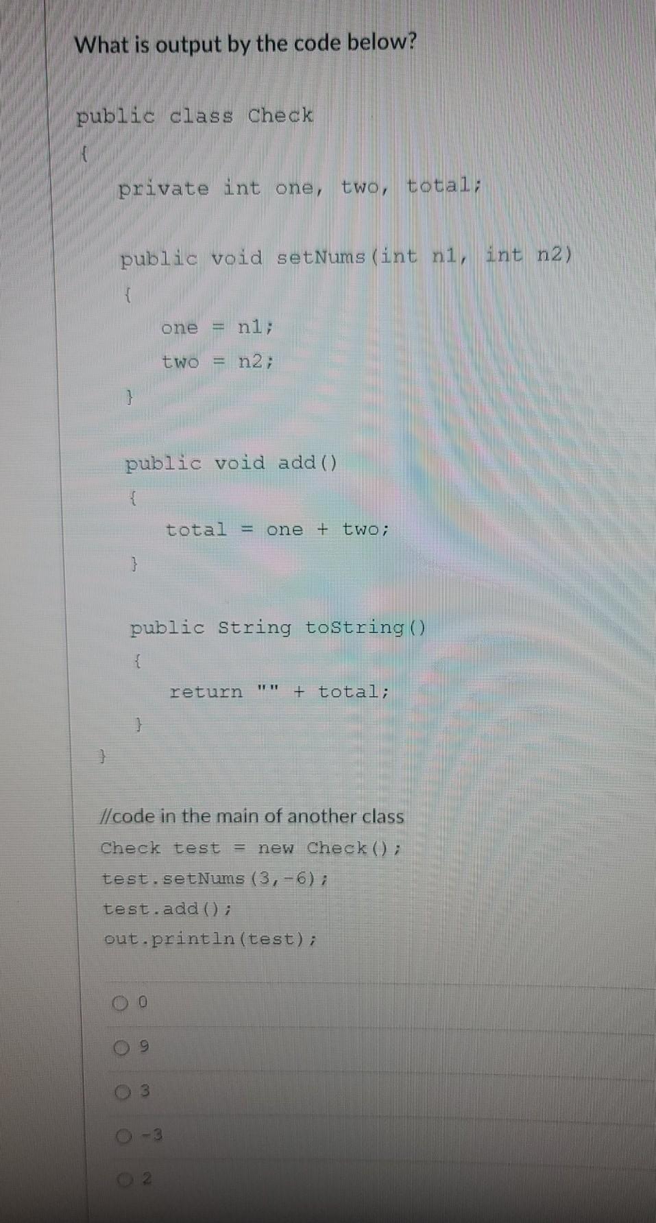 Solved What is output by the code below? public class Check | Chegg.com