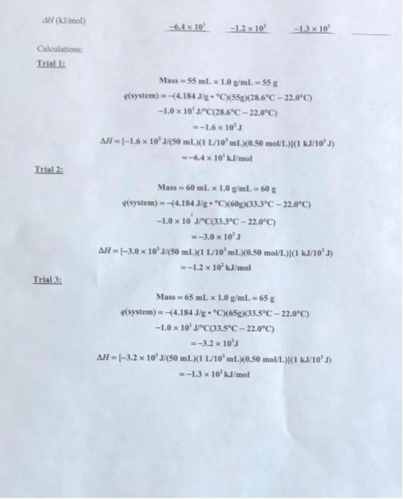 Solved AH (kJ/mol -6,4 x 10 -1.2 x 10 Calculations Trial 1