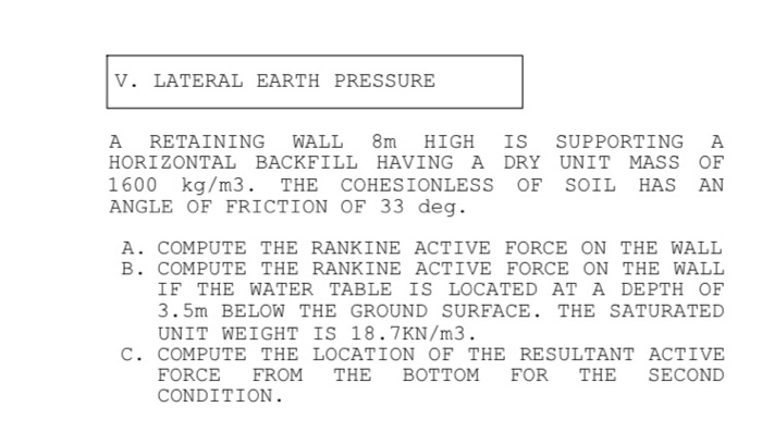 Solved V. LATERAL EARTH PRESSURE A RETAINING WALL 8m HIGH IS | Chegg.com