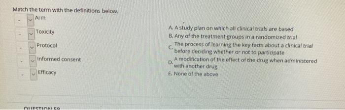 Match the term with the definitions below. Arm Toxicity Protocol C A. A study plan on which all clinical trials are based B.