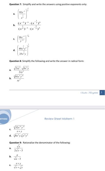 Solved Question 7: Simplify And Write The Answers Using | Chegg.com