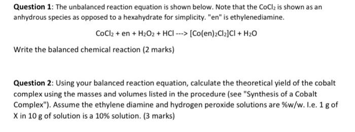 Solved Question 1: The Unbalanced Reaction Equation Is Shown | Chegg.com