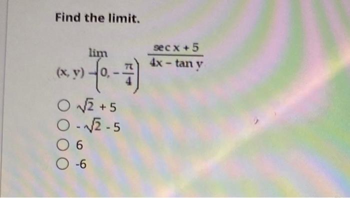 Find the limit. \[ (x, y)-\left(0,-\frac{\pi}{4}\right)^{\frac{\sec x+5}{4 x-\tan y}} \]