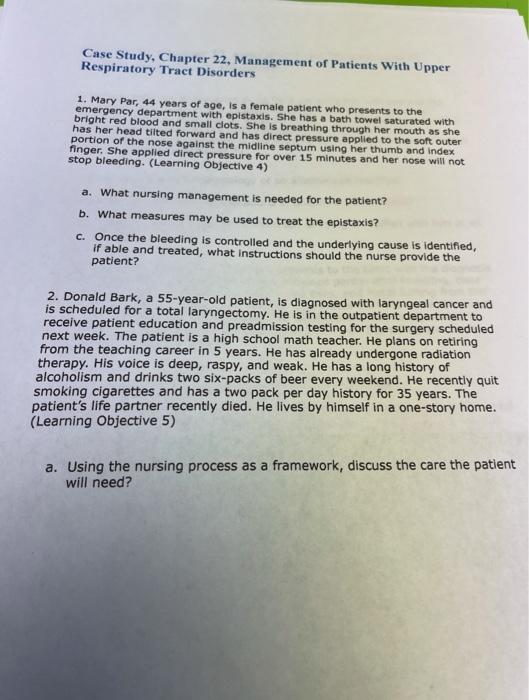 Solved Case Study, Chapter 22, Management of Patients with | Chegg.com