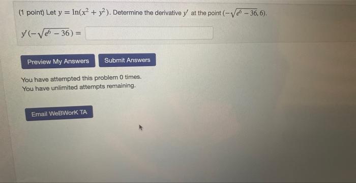 Solved 1 Point Let Y Ln X2 Y2 Determine The Derivative