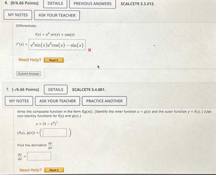 Solved Differentiate F X Exsin X Cos X F′ X 16 66