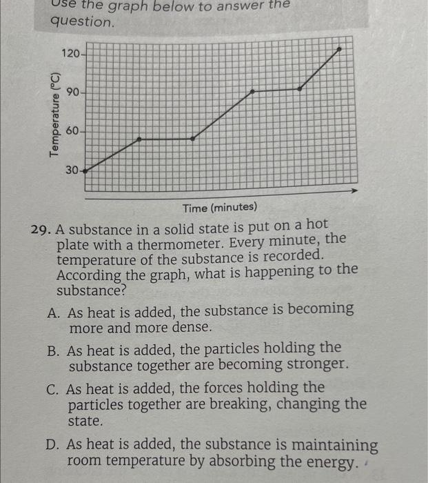 Use the graph below to answer the question.
29. A substance in a solid state is put on a hot plate with a thermometer. Every