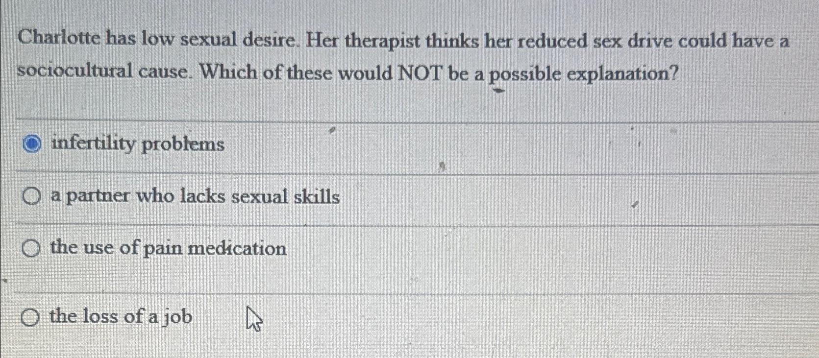 Solved Charlotte has low sexual desire. Her therapist thinks | Chegg.com