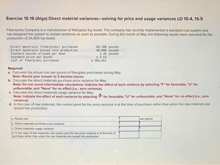 Solved Exercise 15-16 (Algo) Direct Material | Chegg.com