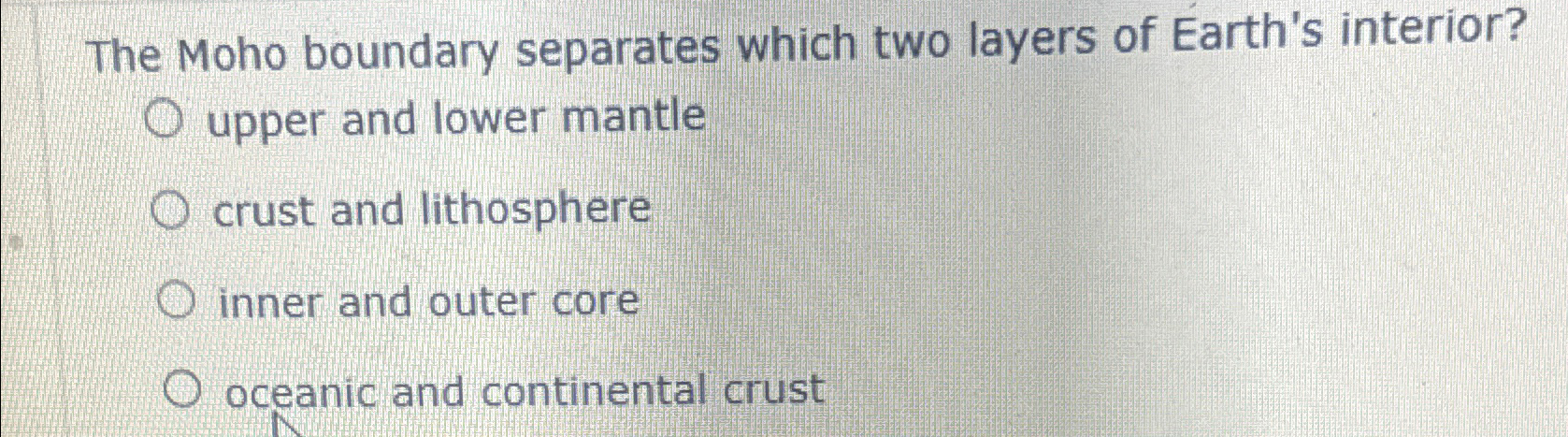 Solved The Moho boundary separates which two layers of | Chegg.com