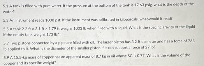 Solved 5.1 A tank is filled with pure water. If the pressure | Chegg.com