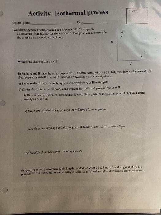 Solved Grade Activity: Isothermal process NAME (print) Date | Chegg.com