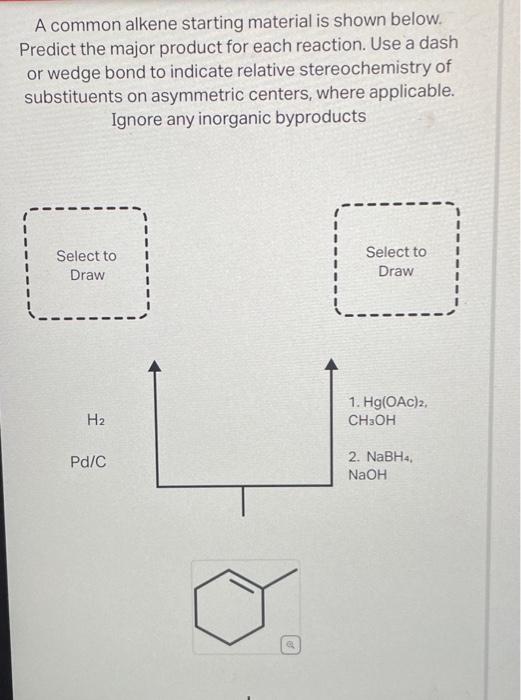 A common alkene starting material is shown below. Drodint tho mainr nrnduct for each reaction. Use a dash