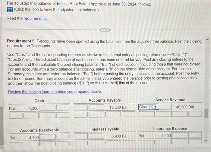 Solved The adjusted trial balance of Estella Real Estate