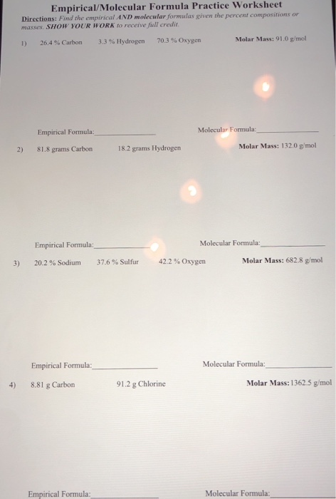 Solved Empirical Molecular Formula Practice Worksheet Chegg