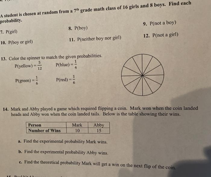 Solved A student is chosen at random from a 7th grade math | Chegg.com