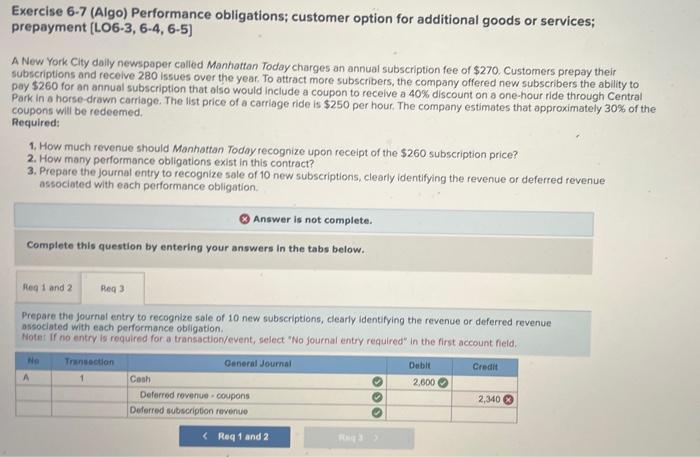 Solved Exercise 6-7 (Algo) Performance Obligations; Customer | Chegg.com