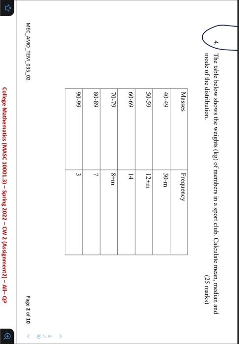 Solved 4. The table below shows the weights (kg) of members | Chegg.com