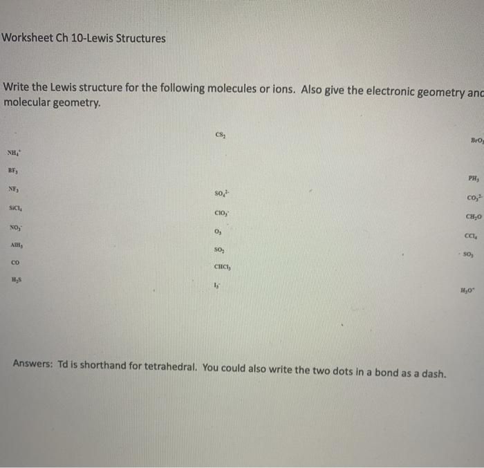 Solved Worksheet Ch 10-Lewis Structures Write the Lewis | Chegg.com