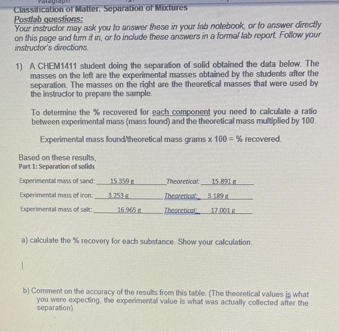 Solved Classification of Matter. Separation of Mixtures | Chegg.com