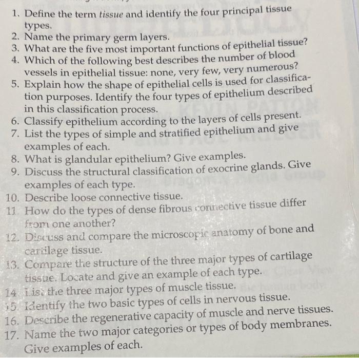 Solved 1. Define the term tissue and identify the four