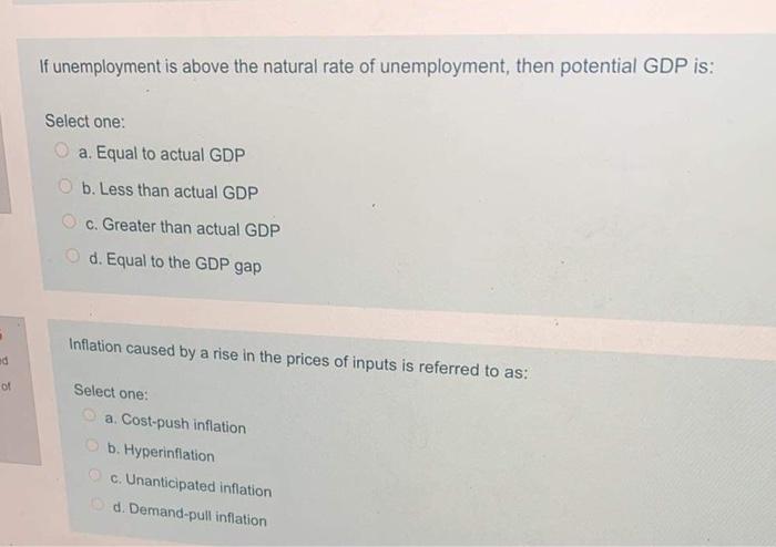 Solved If unemployment is above the natural rate of | Chegg.com