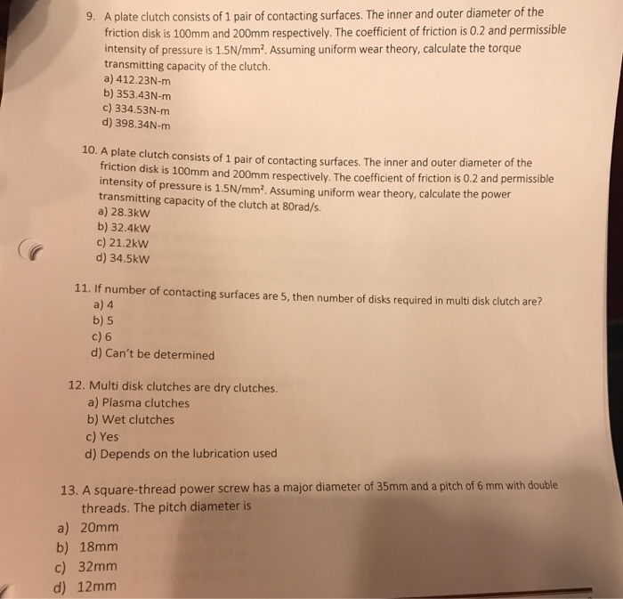 Solved 9. A plate clutch consists of 1 pair of contacting