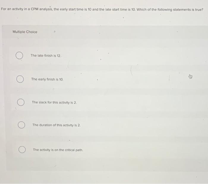 Solved For an activity in a CPM analysis, the early start | Chegg.com