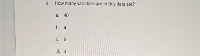 Solved 4 How many variables are in this data set? a. 40 b. 4 | Chegg.com