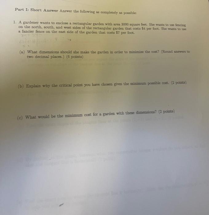 Solved Part I: Short Answer Answer the following as | Chegg.com