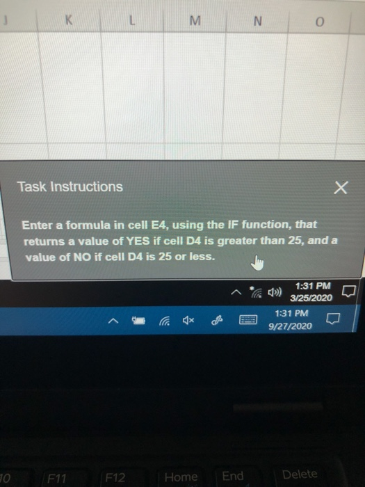 Solved K L M N o Task Instructions x Enter a formula in cell | Chegg.com