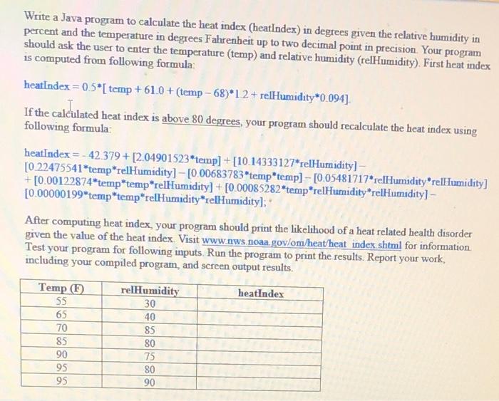 Solved Write a Java program to calculate the heat index | Chegg.com