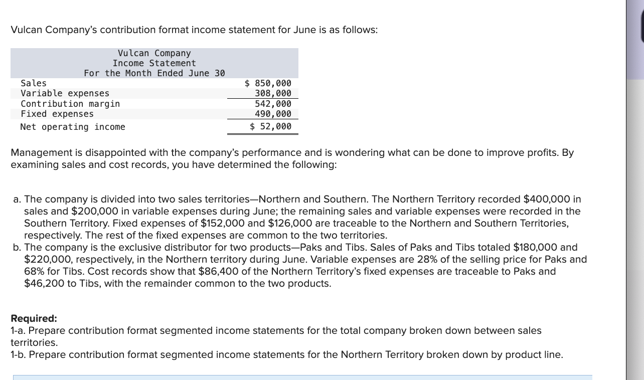 Solved Vulcan Company's contribution format income statement | Chegg.com