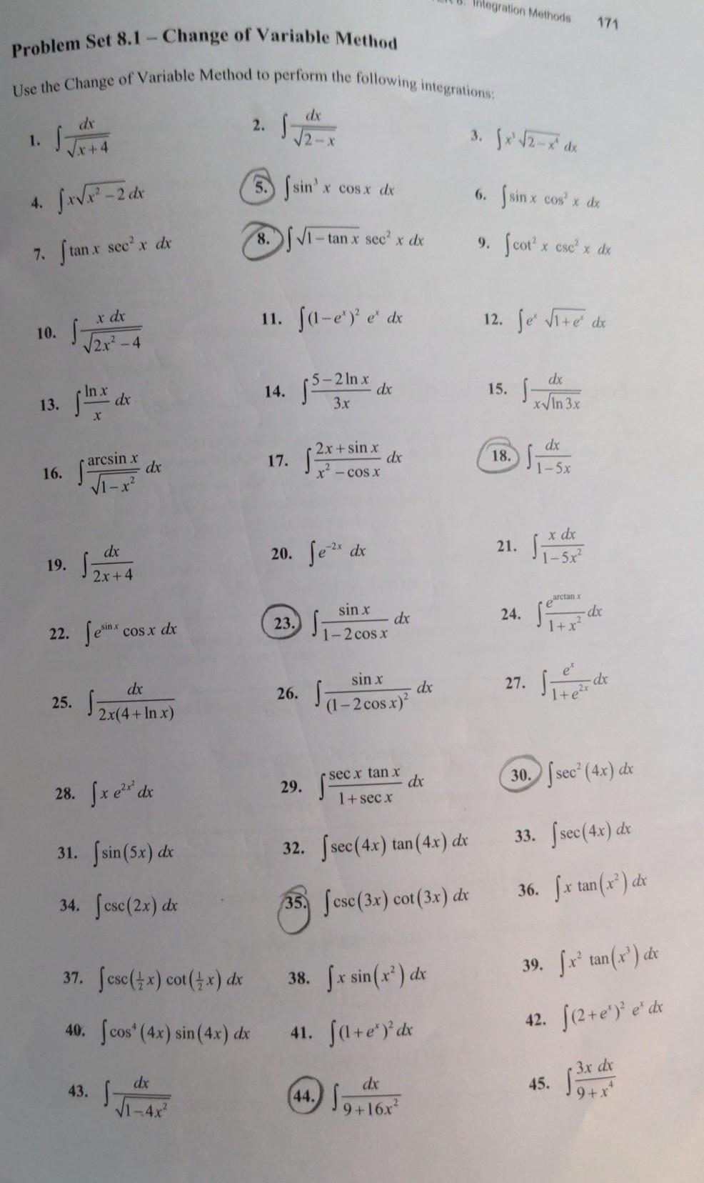 Solved Integration Methods 171 Problem Set 8.1 - Change of | Chegg.com