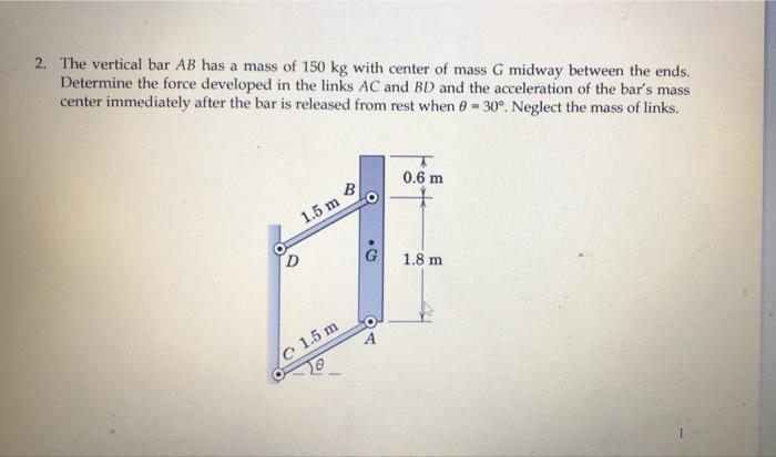 Solved 2. The vertical bar AB has a mass of 150 kg with | Chegg.com