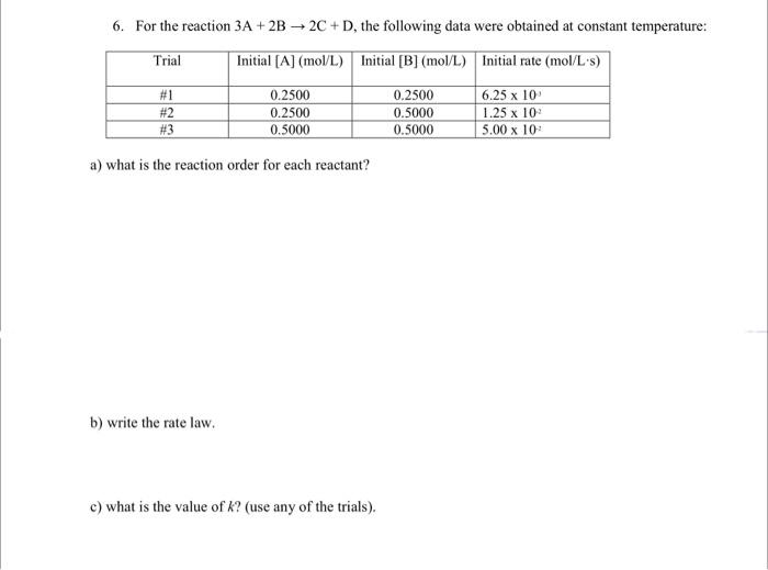 Solved 6. For the reaction 3A + 2B → 2C + D, the following | Chegg.com