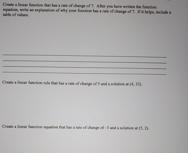 Solved Create a linear function that has a rate of change of | Chegg.com