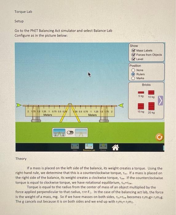 Torque Lab Setup Go to the PhET Balancing Act