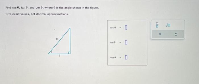 Solved Find cscθ,tanθ, and cosθ, where θ is the angle shown | Chegg.com