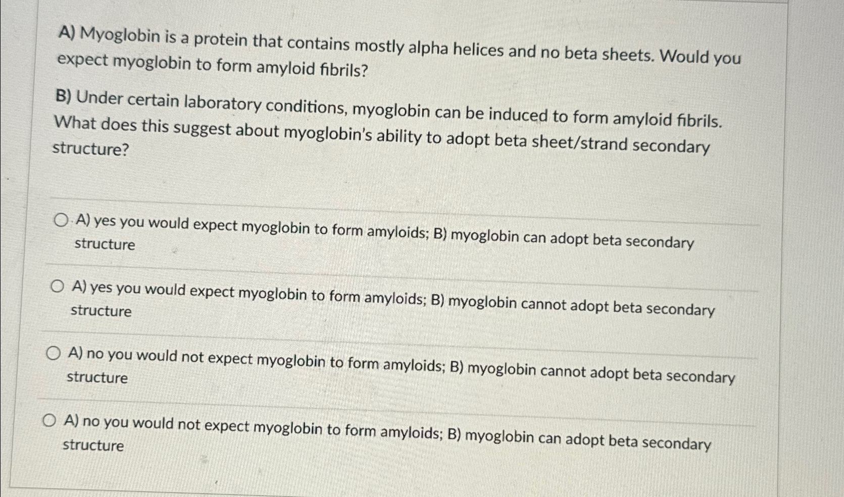 Solved A) ﻿Myoglobin Is A Protein That Contains Mostly Alpha | Chegg.com