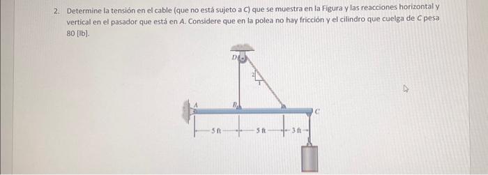 2. Determine la tensión en el cable (que no está sujeto a C) que se muestra en la Figura y las reacciones horizontal y vertic