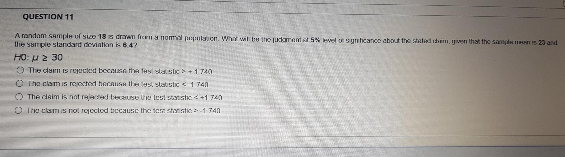 Solved QUESTION 11 A random sample of size 18 is drawn from | Chegg.com