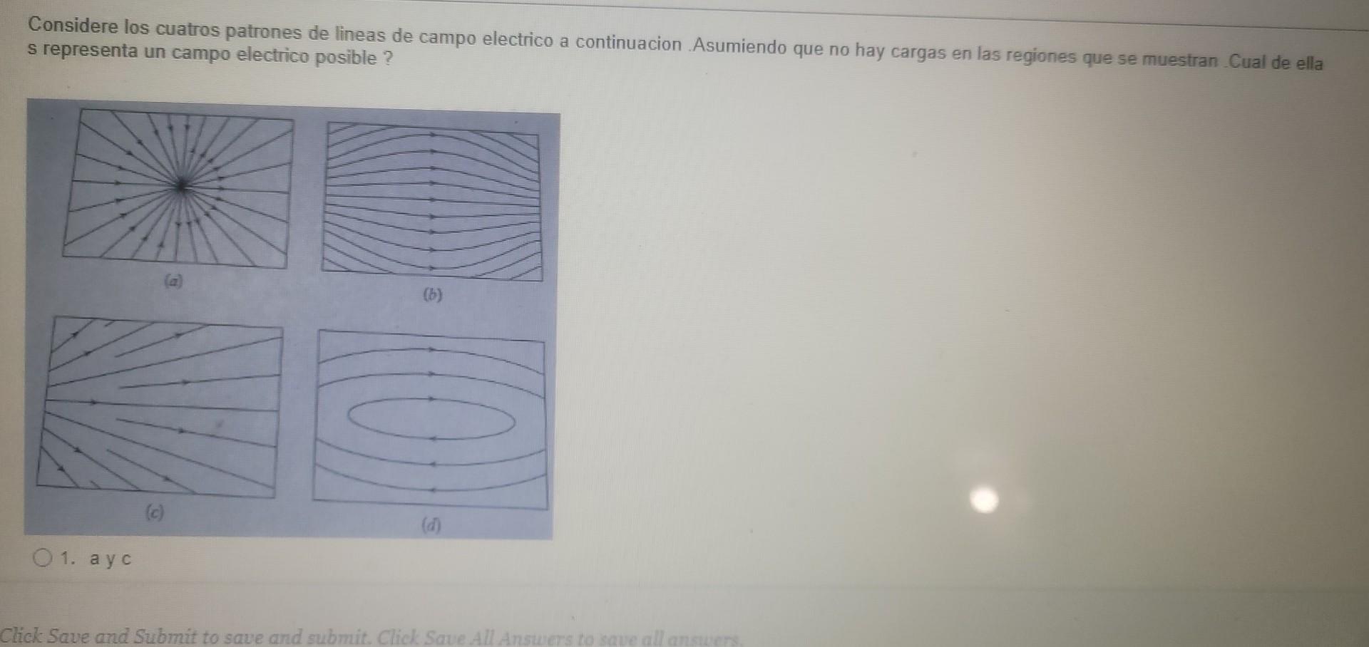 Considere los cuatros patrones de lineas de campo electrico a continuacion . Asumiendo que no hay cargas en las regiones que