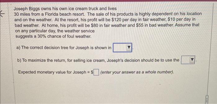 Joseph Biggs owns his own ice cream truck and lives
30 miles from a Florida beach resort. The sale of his products is highly