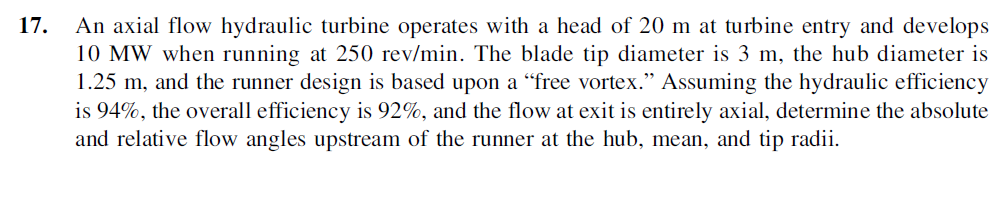 An axial flow hydraulic turbine operates with a head | Chegg.com